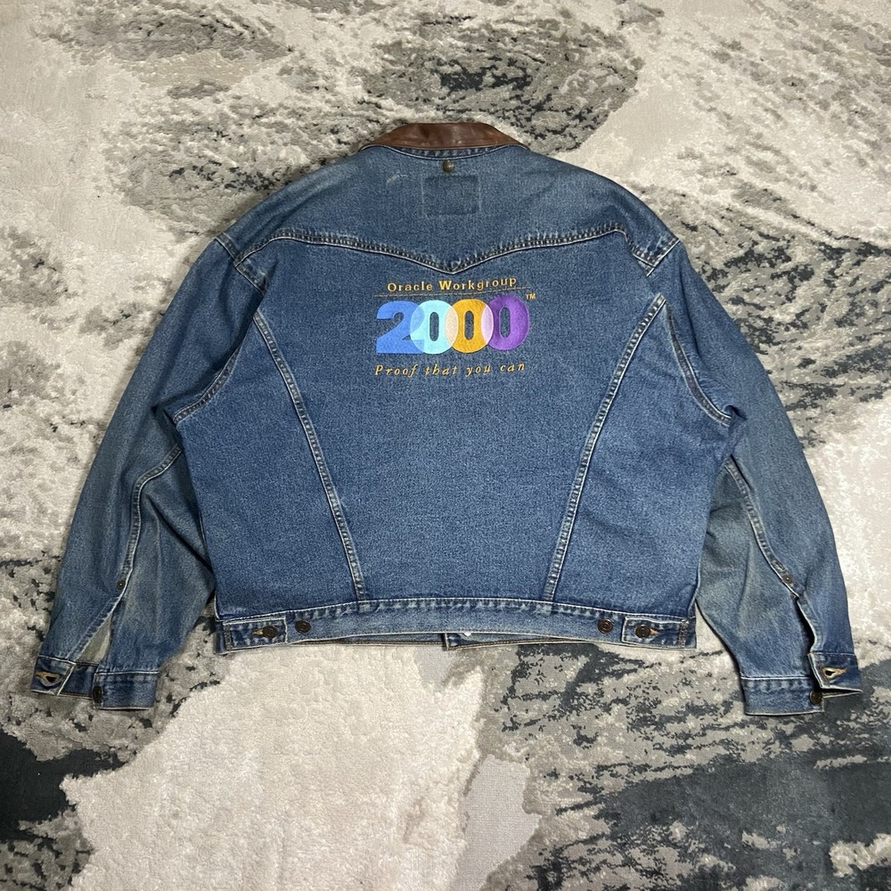 Vintage 90's International Denim Trucker Jacket XXL 2000 Embroidered Back Hit